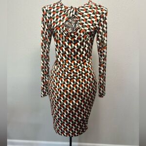 Brown and cream Mock Neck Long Sleeve Bodycon Dress